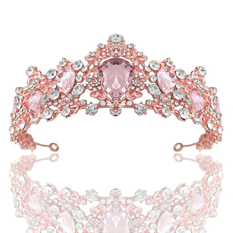 KMVEXO Tiaras Wedding Crown Bridal Hair Accessories Luxury Baroque Crystal Pink Queen Women Adult Gift Party Jewelry 220804