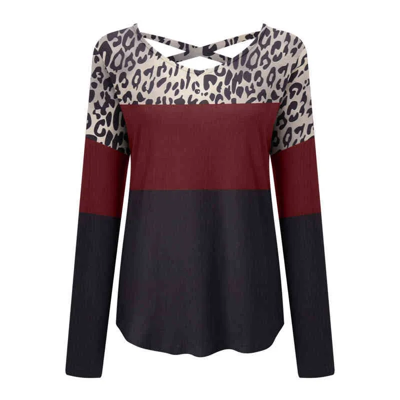 Mode Farbe Kontrast Blusen Frauen Leopard Gedruckt Kreuz Bandage Zurück Shirts Casual Langarm Tops blusas L220705