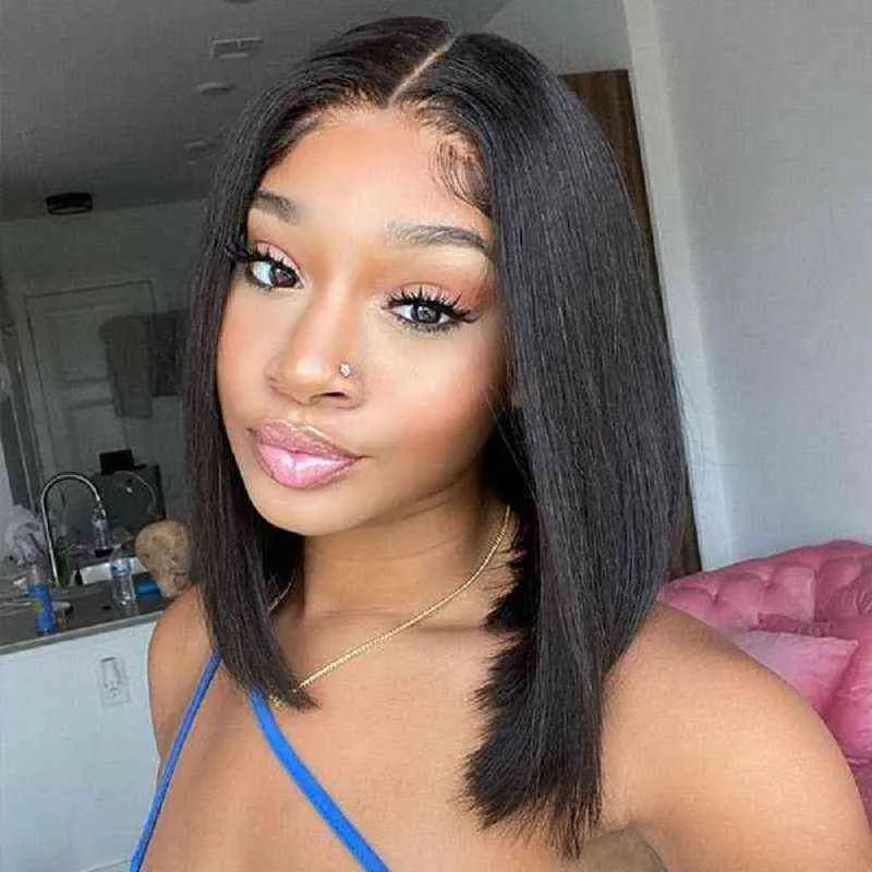 Brazilian Hair Density Remy 13x1 T Part Lace Wig Human Bone Straight s Bob Nature Color 220609