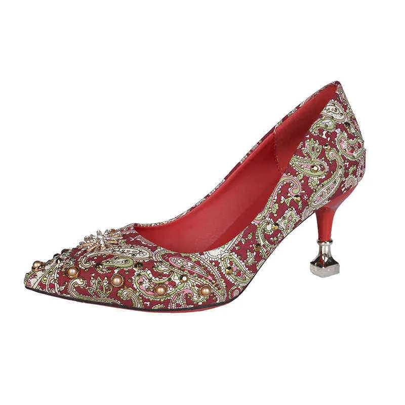 Cérémonie adulte rouge talons hauts chaussures de mariage chinois mince bouche peu profonde robe de femme unique pointu 220506