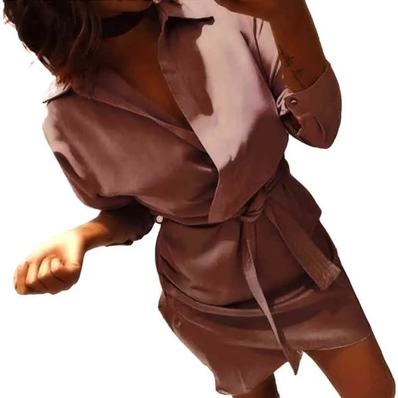 Hete herfst vaste kleur vrouwen lange mouw turn down kraag omgeslagen shirt mini jurk nylon/ polyester/ spandex casual damesjurk l220705