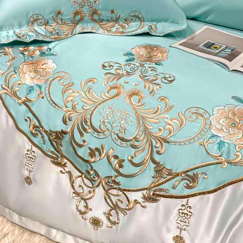 サテンコットン羽毛布団カバーセット刺繍パッチワークの寝具リッチシルキーソフトベッドシート枕ケースクイーンキング