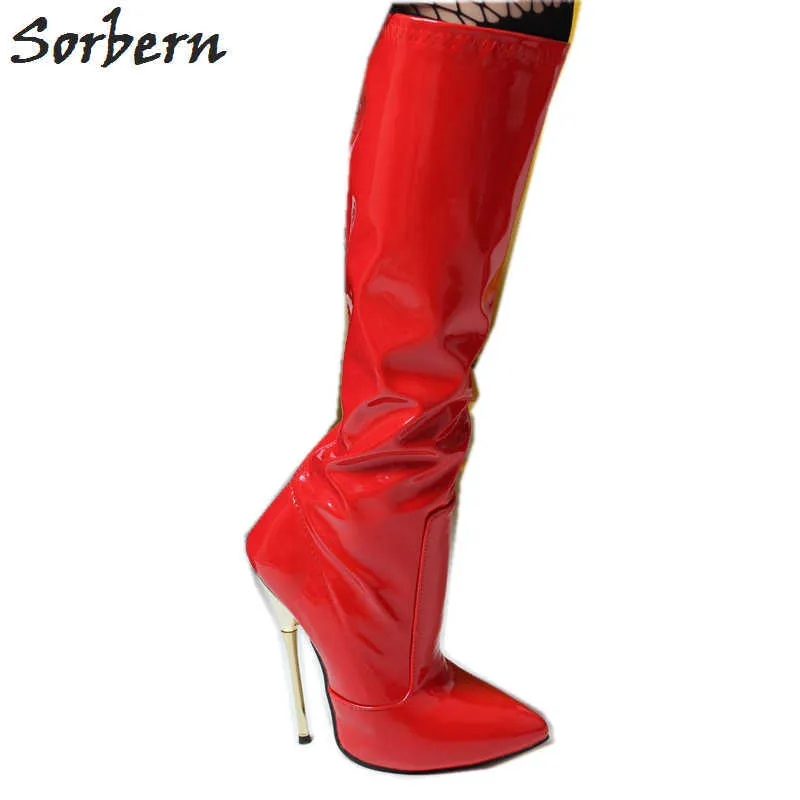 SORBERN 14 CMスティレット膝ハイブーツ女性クロスドレスポイントトゥシューカスタム女性靴エキゾチックかかかと大サイズユニークなブーツ