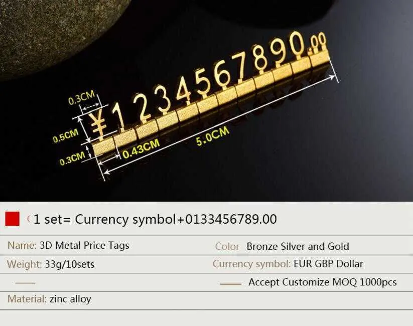Cubi di metallo di lusso Gioielli Prezzi combinati Tag Blocchi numerici Euro Pound Digit Orologio Gioielli Display da banco Segni227Y
