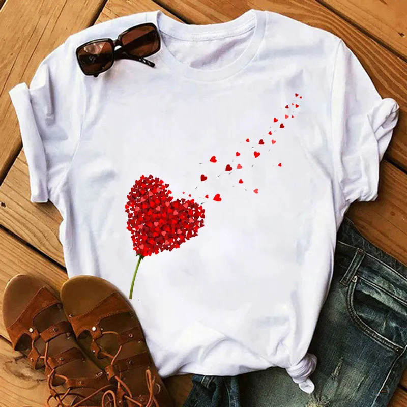Red Love Serce Dandelion Print Thirt Kobiet moda moda Kobieta z krótkim rękawem Casual Ops Black Ee S Cute Shi 220628