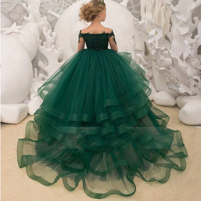 2122 Cute Flower Girl Dresses For Wedding off shoulder green Lace Floral Appliques Tiered Skirts Girls Pageant Dress Kids Birthday Party Gowns