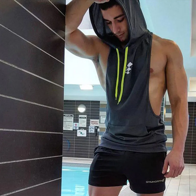 Mens Sleeveless Hooded Tank Tops Gym Hoodie Bodybuilding Workout Stringer Shirt Quick Dry Fitness Man Singlet Summer Casual Vest 220527
