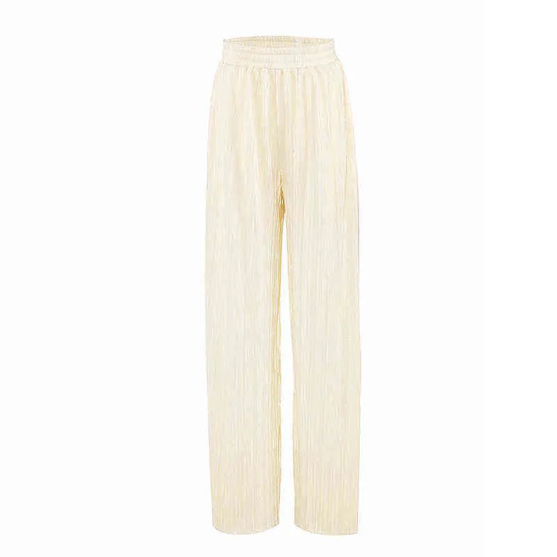 Dabourfeel Beige casual blusa plisada y pantalones de piernas anchas de dos piezas Traje de mujeres elegantes elásticos pantalones ruchados T220729