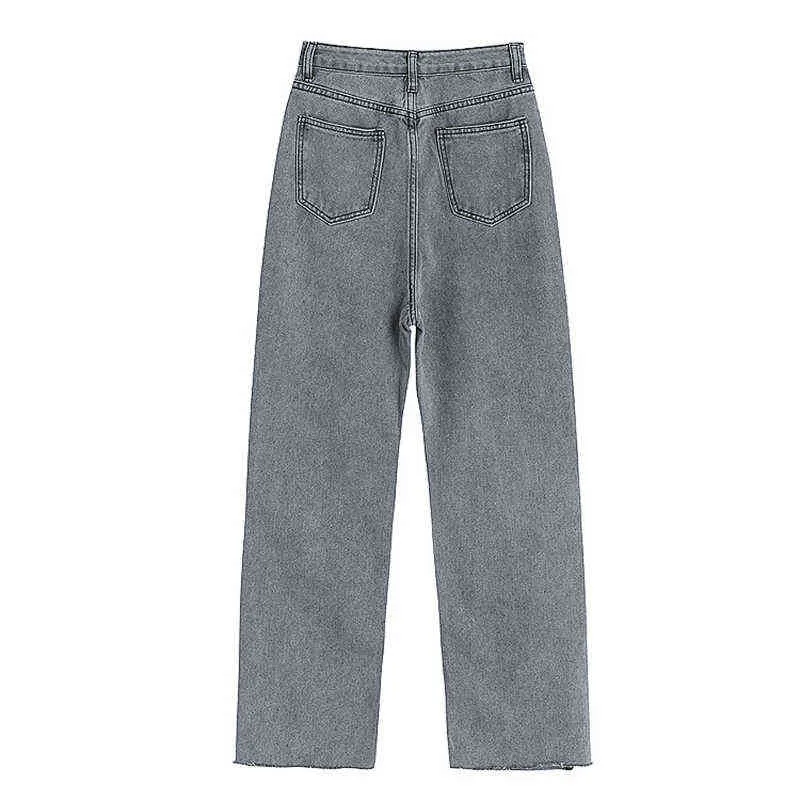 Hög midja grå rippade jeans kvinnor streetwear baggy harajuku wide ben jeans kvinnliga byxor 2021 vintage raka långa byxor t220728