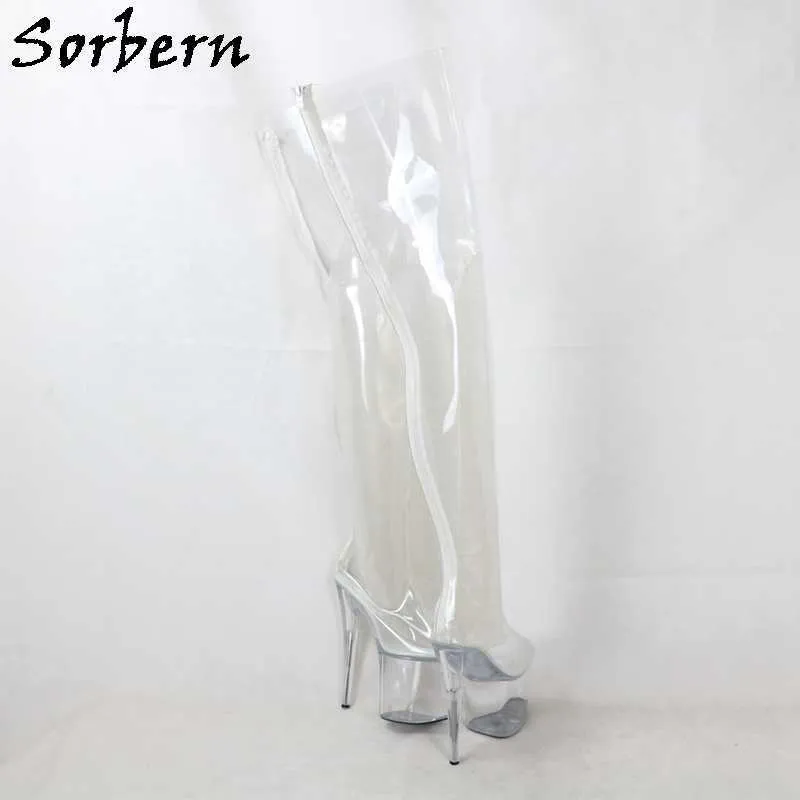 Sorbern bottes transparentes transparentes chaussures fétichistes Sexy sur le genou bottes hautes unisexe 20Cm talon/9Cm plate-forme chaussures pour femmes