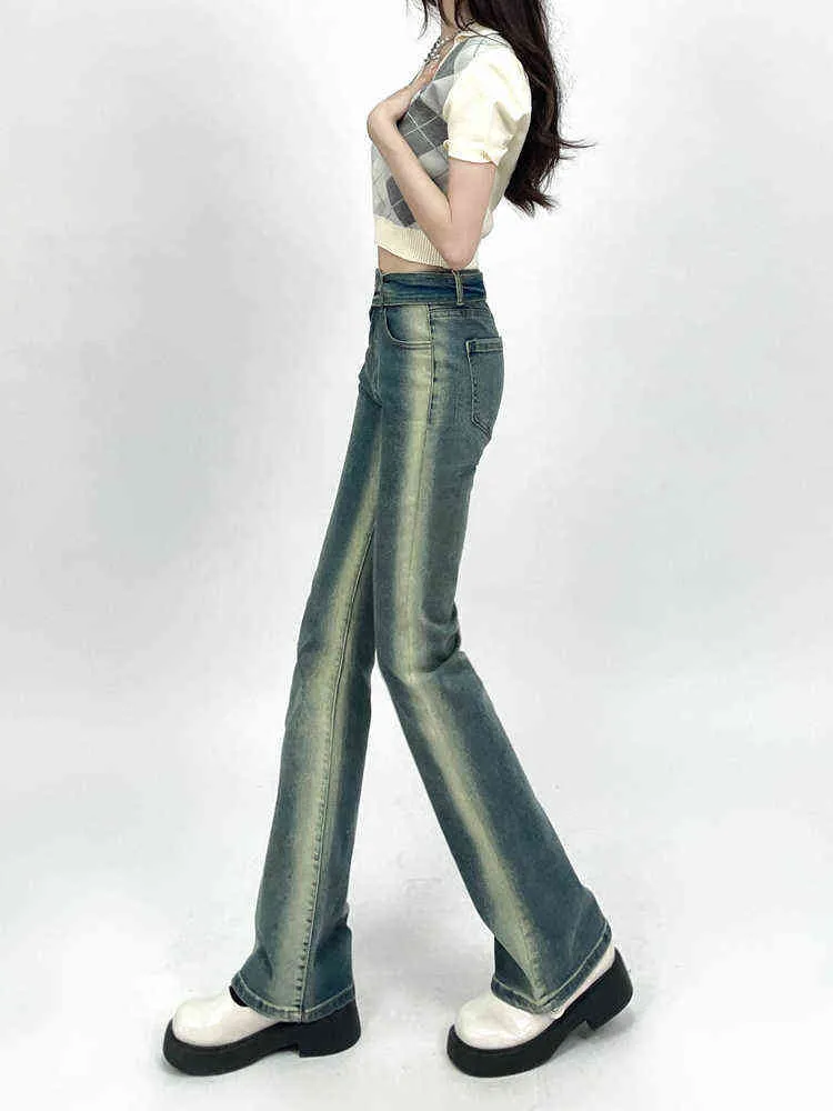 Gradient niebiesko-żółte dżinsy damskie Summer Nowe styl HK design dżinsowe spodnie Slim Fit Straight-Net-Bottom Pants Female T220728