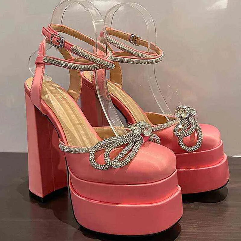 2022 NOWOŚĆ KOBIETY BOWNNOT Pumps Retro Mary Janes Chunky Heels Sandały Spring Platforma Dress Party Wedding Woman Sandals Y220409