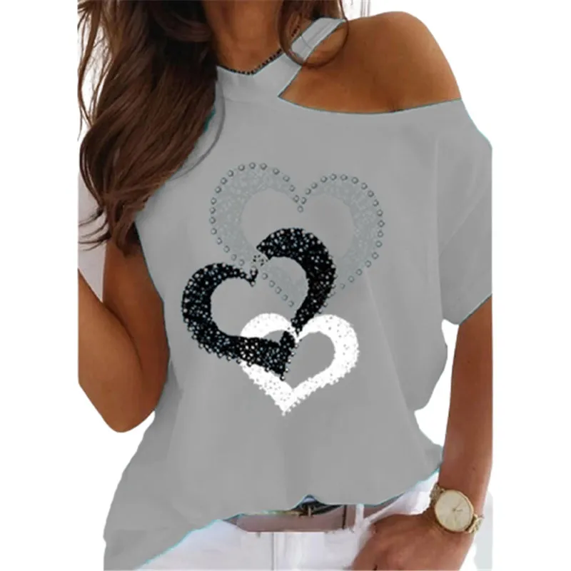 Summer Heart Print T-shirt Kobiety seksowne białe topy na ramię swobodne tshirty o krótkim rękawie o modzie TShirty Street Trees 220511