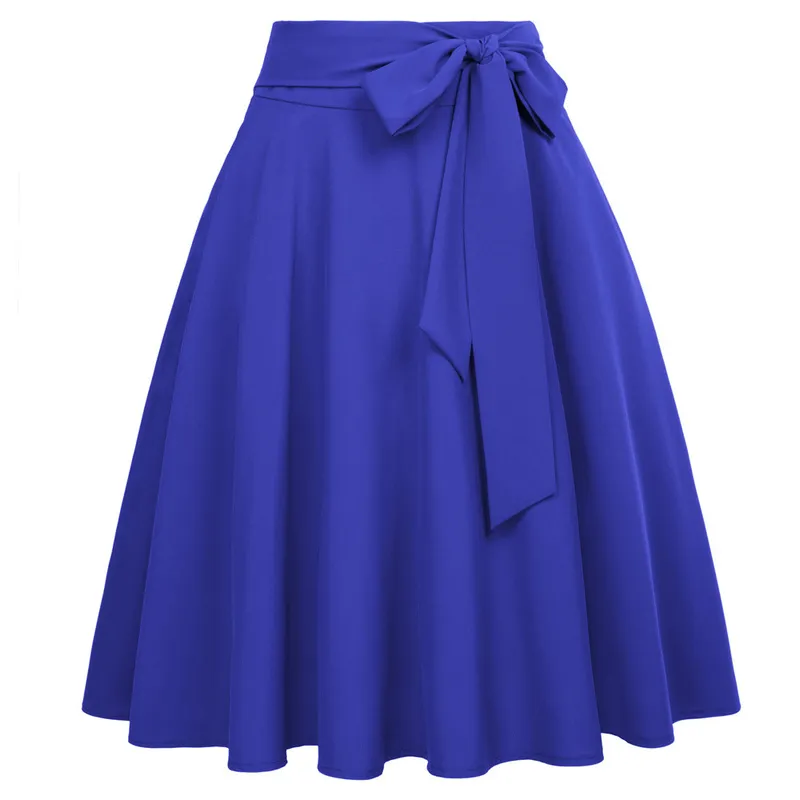 Belle Poque Women Skirts Summer Solid Color High Waist Self-Tie Bow-Knot Embellished A-Line Retro Casual Knee Length 220401