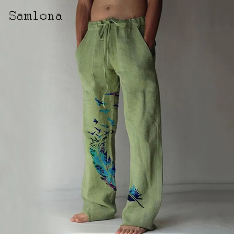 Samlona Pocket Design Linen Pants DrawString Loose Trouser Plus Size 3xl Mens Fashion Birds Feather Print Sweatpants 220712