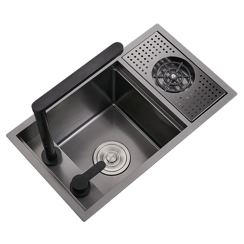 Pia de cozinha oculta de tamanho pequeno, preta, tigela única, pia de barra, aço inoxidável, varanda, escondida, preta, com lavadora de copo, bar206v
