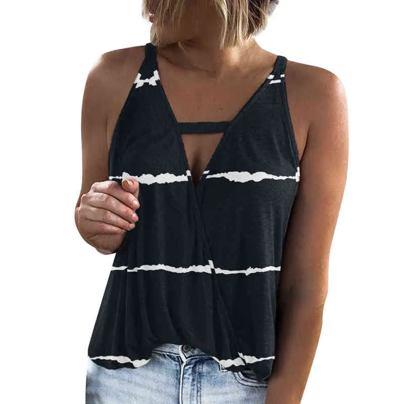 Kvinnor Summerkläder Vest Top Sleeveless Casual Loose Striped Tank Tops V-Neck Regelbunden storlek Pullover Ladies Camis Tank Top Deep L220706