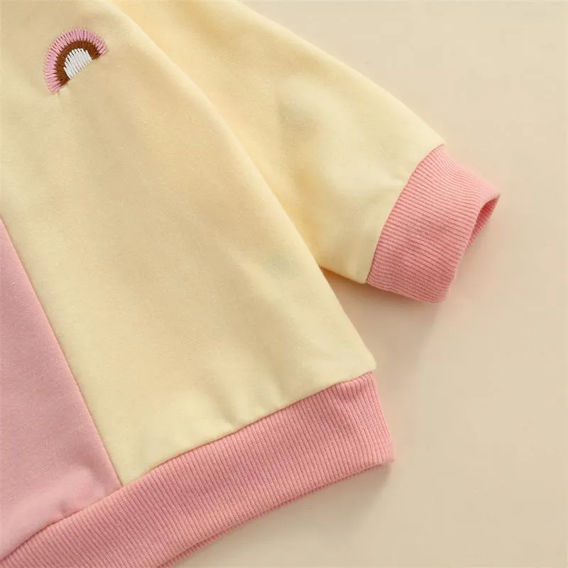 Kläduppsättningar födda kläder baby flickor färg block regnbågsmönster långärmad rund nacke tröja   solida byxor 2 st för 0-18m