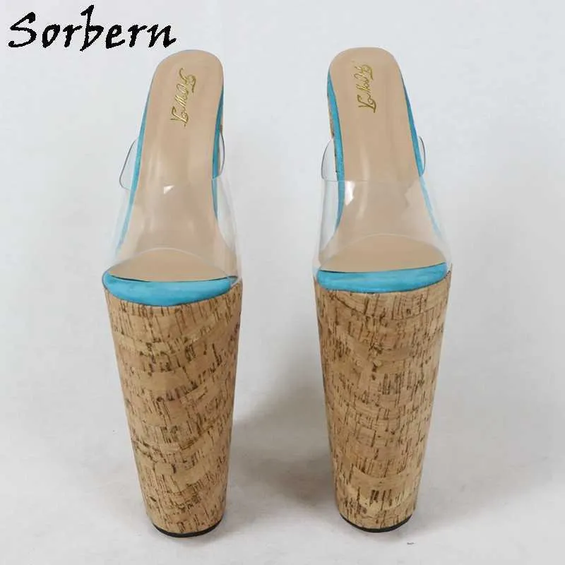 Sorbern Made-To-Order 13 Inch Sandal Women Extreme High Heel Slip On Transparent Pvc Open Toe Cork Looks Wedges Summer Shoes