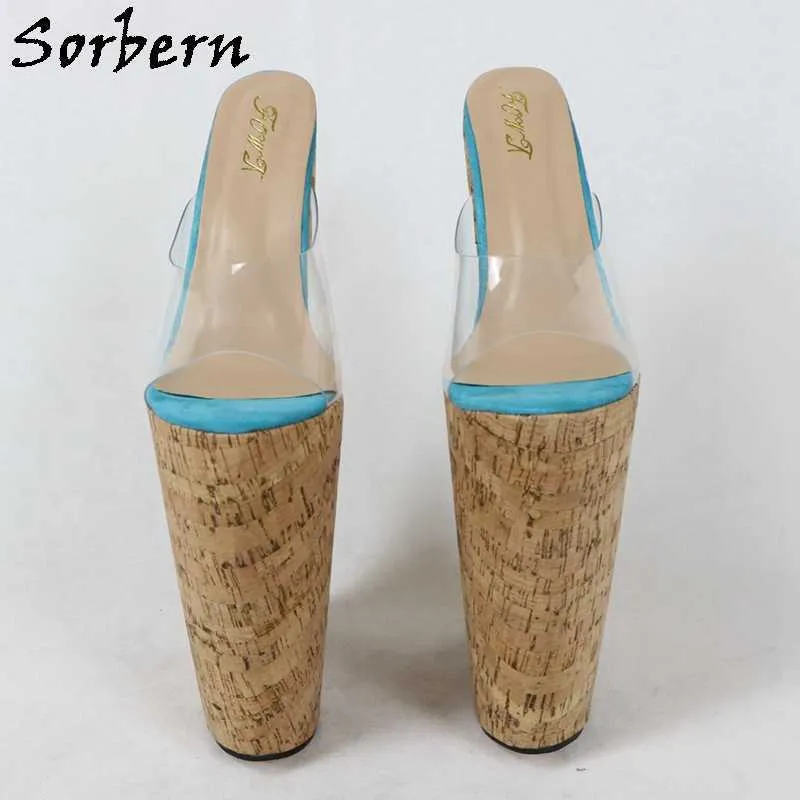 Sorbern odosobniony na zamówienie 13 cali Sandal Kobiety Extreme High Heel Slip On Przezroczyste PCV Otwarte Toe Cork Wygląda Kliny Letnie Buty