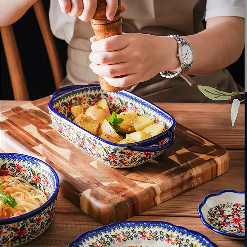 Retro Keramik Backformen Haushalt handbemalt Salatteller Reisschüssel Binaurale Backform Küchengeschirr Einhandschüssel 220408