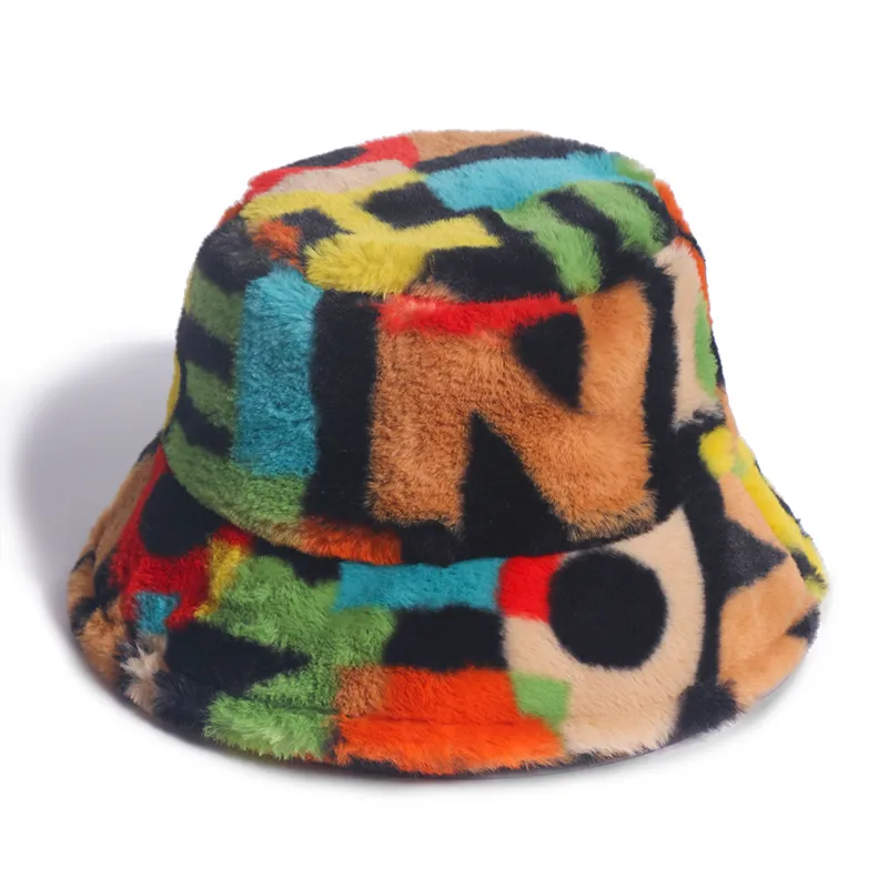 MOTHER Outdoor Multicolor Rainbow Faux Fur Letter Pattern Bucket Hat Winter Soft Warm Gorros Mujer 220318