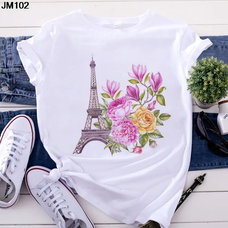 Fashion Paris Eiffel Tower imprimé Femme T-shirt Summer Tops de femmes minces T-shirt harajuku décontracté manches courtes femelles blanches 220628