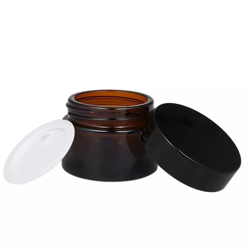 Amber Glass Jar Container Cosmetische crème Lotion Fles Hand Travel Opslag met binnenliners Zwarte deksels 5G 10G 15G 30G 50G 100G