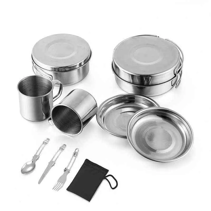 Utomhus matlagning krukor set vattenkokare bordsartiklar set camping bordsartiklar 4 människor campcookingsupplies natur vandring en uppsättning panshiking y220530