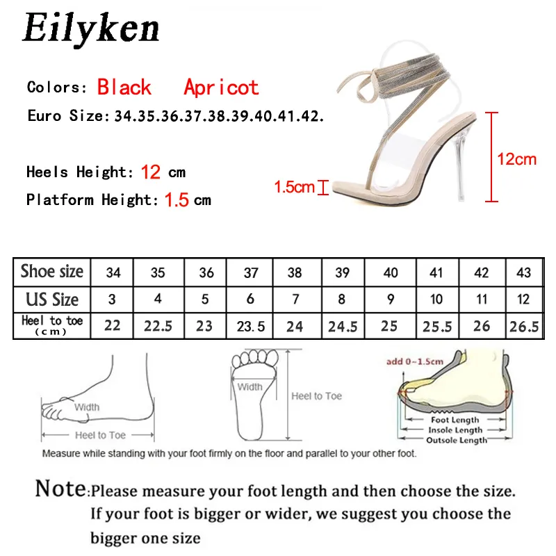 Eilyken Lace Up Sandals Женщины сексуальные кристалл прозрачные тонкие каблуки.