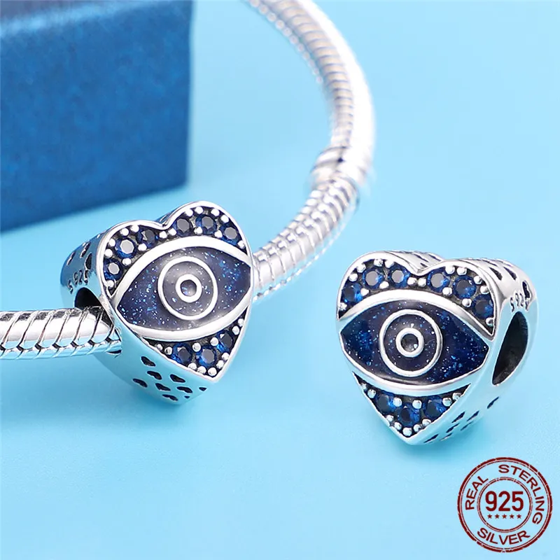 925 Sterling Silver Dangle Charm Evil Eyes koraliki kolor srebrny Fatima Hand Hamsa Hand Bead Fit Pandora Charms bransoletka DIY biżuteria akcesoria