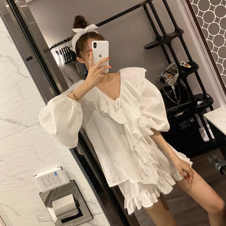 Summer Women's Embroidery Lace Linen Pajama Sets Tops+Shorts.Vintage Ladies Girl Ruffles Pyjamas set.Cute Lounge Sleepwear 220329