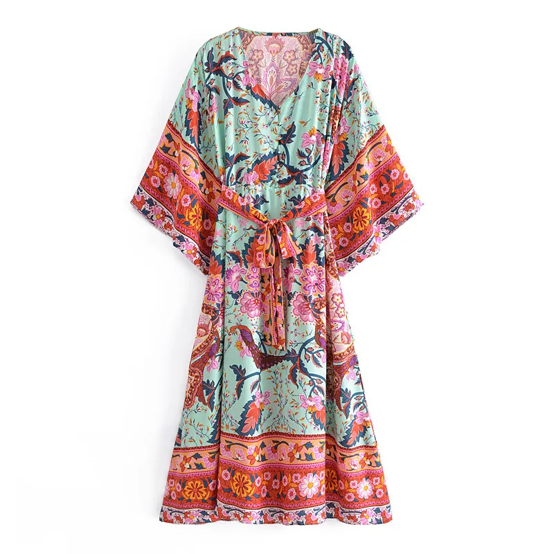 Vintage chic kvinnor röd blommig tryckt bat ärms strand bohemiska klänningar kimono damer v nacke rashes boho maxi klänning vestidos 220613