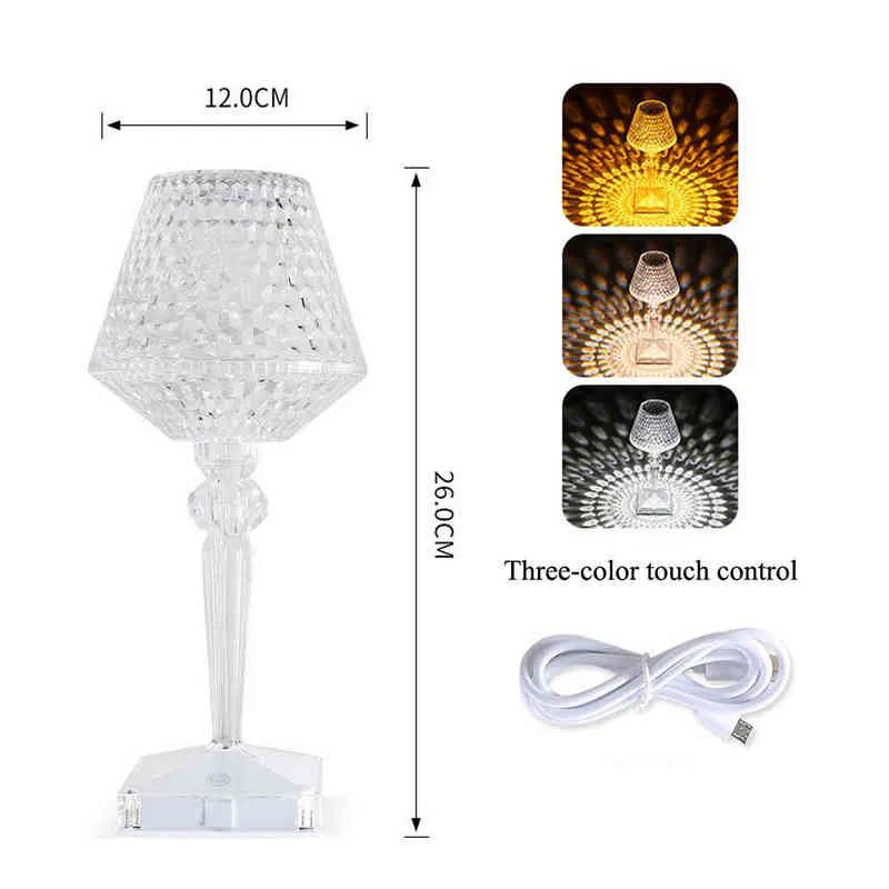 Lampada da tavolo LED Diamond Lampada da tavolo USB ricaricabile in cristallo LED Night Light Touch Control Camera da letto Lampada da scrivania decorazioni la casa H220423