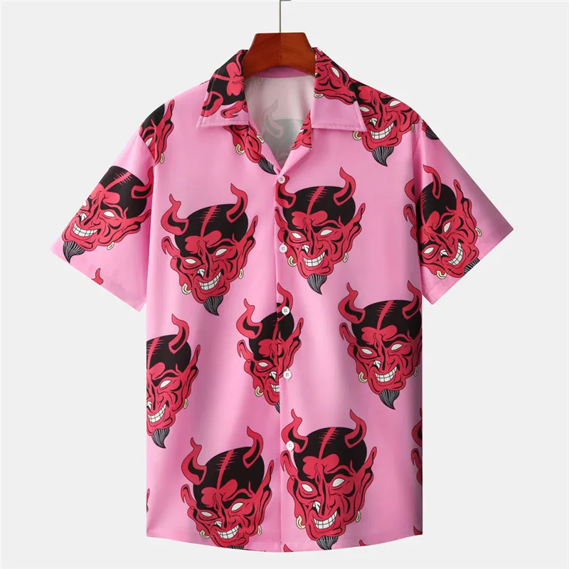 Devil Full tryckta Kortärmad T-shirts Män Sommar Blommor Loose Hawaiian Koreanska Streetwear Hip Hop Par Mode T Shirts Camisa 220401