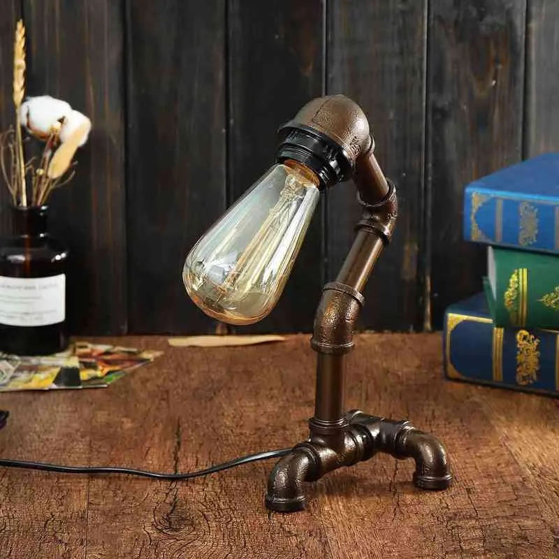 Vintage Industrial Water Pipe Table Lamp Light Steampunk Table Lamp Lantern Fixture E27 BULB HOME SOVROOM DECORATION H220423