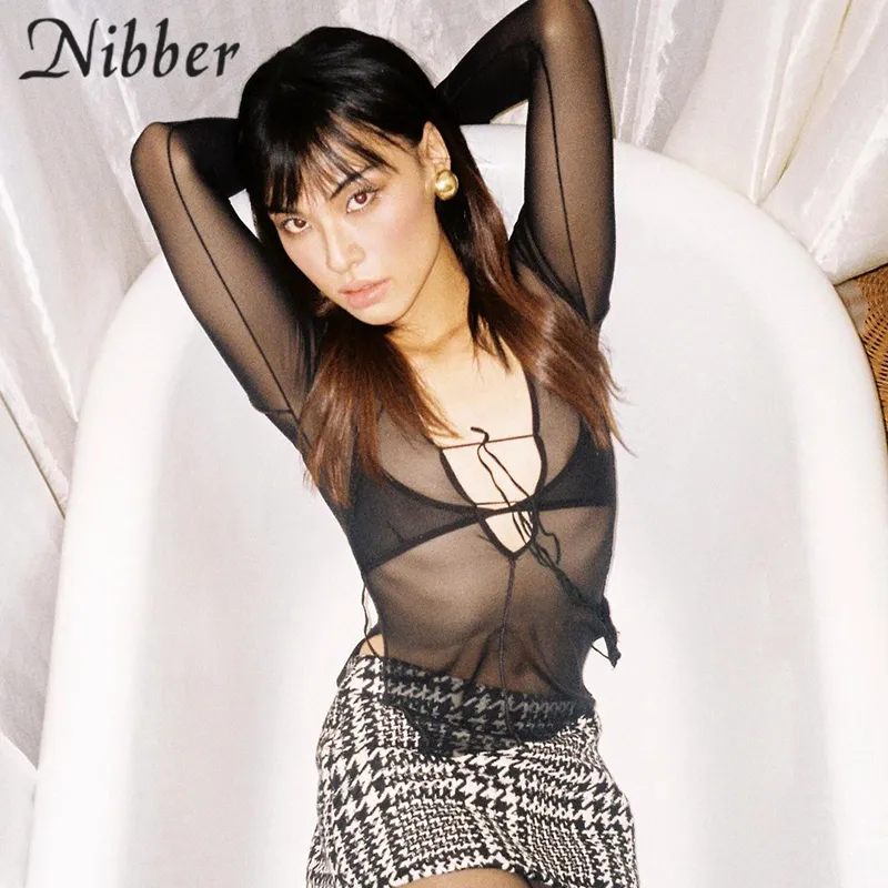 Nibber 메쉬 여성 농작물 탑스 여름 어깨가없는 긴 소매 V 넥 홀터 탑 여성 Praty 나이트 클럽 티셔츠 220408