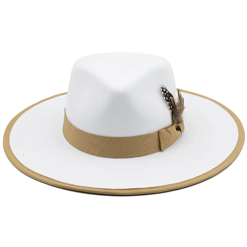 Chapeau fascinateur d'automne blanc Fedoras en plumes pour femmes, chapeaux d'église à bord plat à la mode, casquette de Jazz feutrée de fête, Chapeu Feminino266G