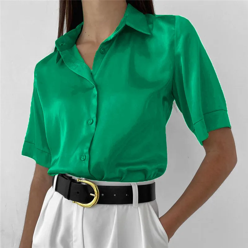 Satin Women's Shirt Polo Collar Office Lady blouse Vintage Blue Green Silk Shirt Loose Button Up Down Shirts Black Fashion Tops 220407