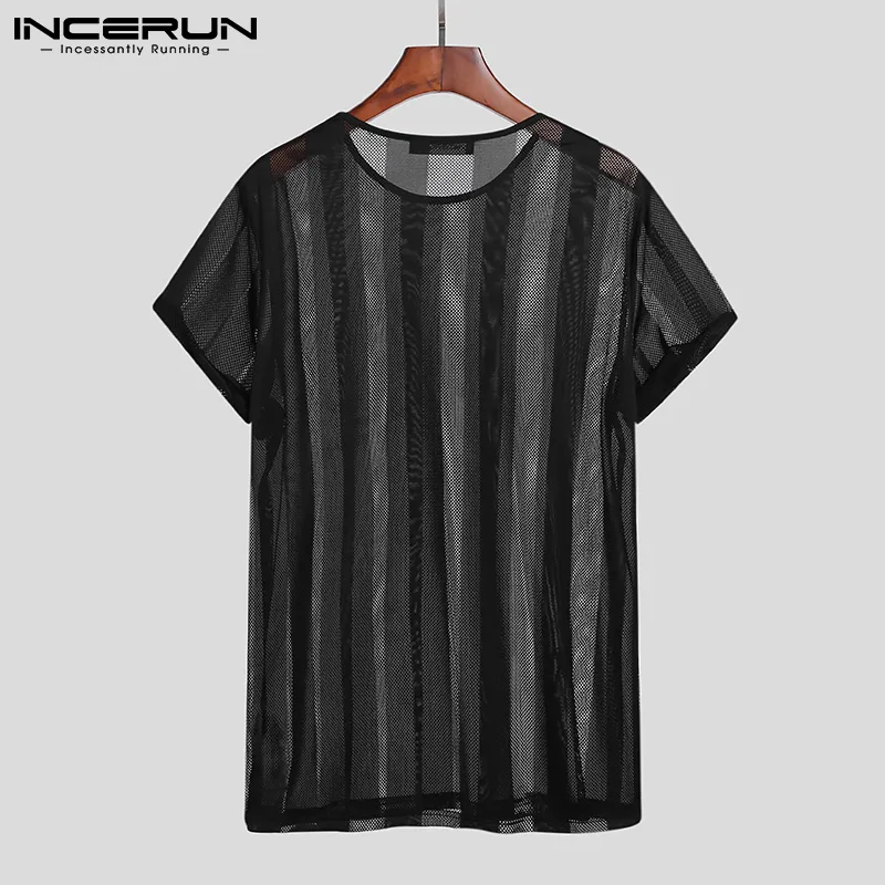 Sommar män randig t-shirt mesh transparent o neck kort ärm sexiga tee toppar streetwear party casual camisetas incerun 7 220407