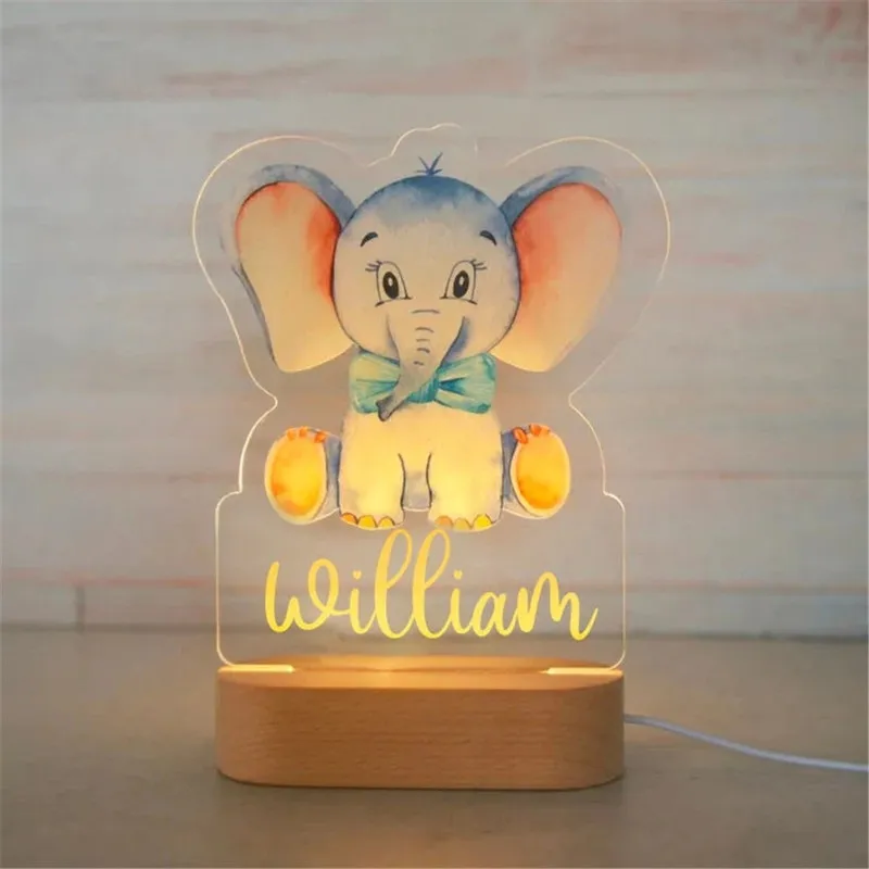 Kişiselleştirilmiş Bebek Fil Aslan Led USB Gece Işığı Özel Adı Bebek Çocuklar İçin Akrilik Lamba Yatak Odası Ev Dekorasyonu 220623