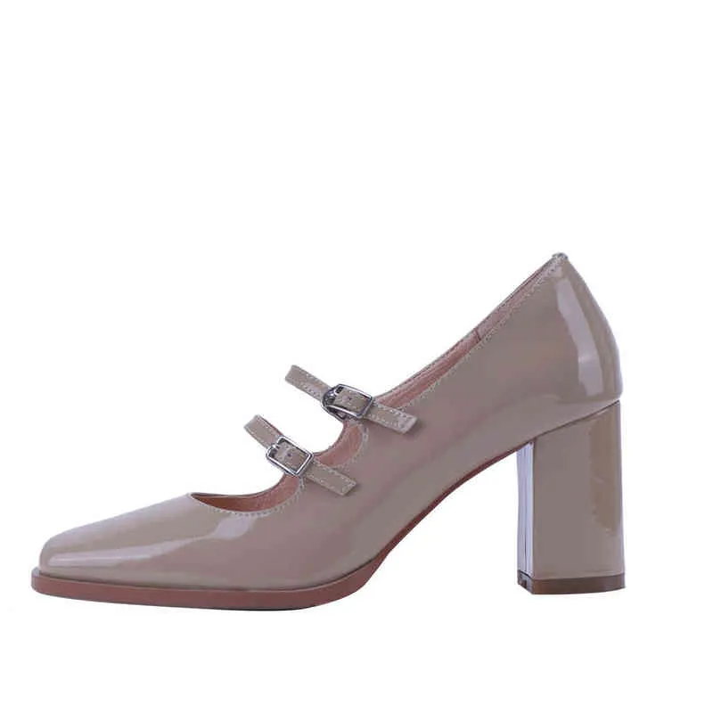 أحذية السيدات ذات الكعب العالي مثير نساء مضخات الكعب المربع ماري جينس أنثى أنثى فستان الربيع الخريف الإبزيم 220520