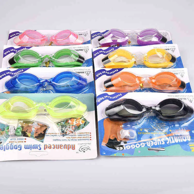 Swimming Three-piece Earplugs Nose Clip Goggles Color Random Pool Goggles Adjustable Anti Fog Adult Kid Swimming Accessories Y220428