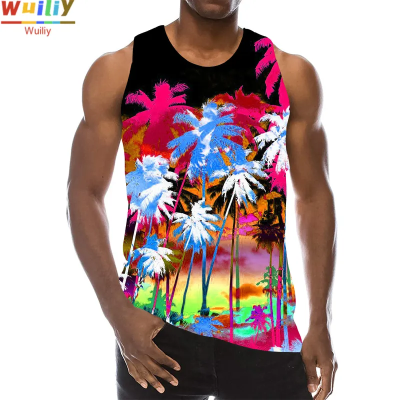 Palmträd grafisk tank top för män 3D-tryck ärmlös strandhampa palmmönster toppar färg väst hawaii färgglad pigment t-shirt 220505