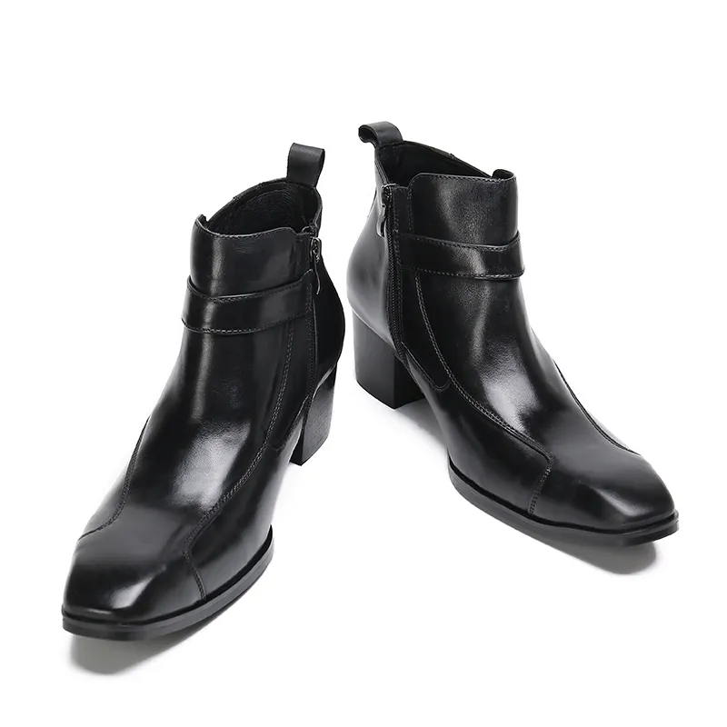 Bota Masculina Gentleman basique bottines bout carré hommes talons hauts en cuir véritable Botas hommes chaussures robe de soirée de mariage