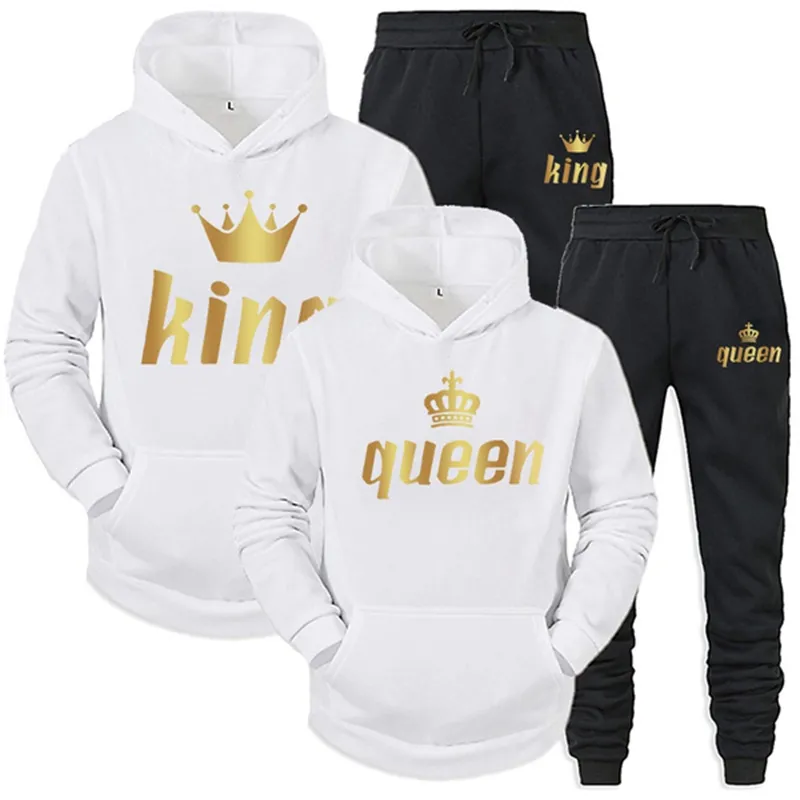 Sale Couple Outfits Hoodie and Jogger Pants High Quality Men Women Daily Casual Sport Jogging Suit King Queen Tracksuit 220315