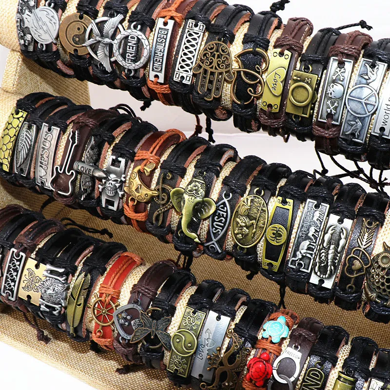 Großhandel 50 teile/los Leder Metall Charme Armbänder Für Männer Vintage Handgelenk Manschette Armbänder Für Frauen Geschenke Schmuck Mix Stil 220519