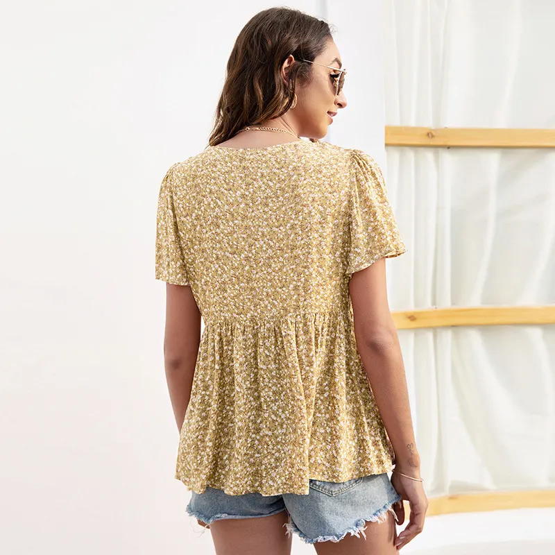 T-shirt damski letni europejski i amerykański mody mody w stylu V Casual V-dected z krótkim rękawem z krótkim rękawem kwiatowe luźne ubrania