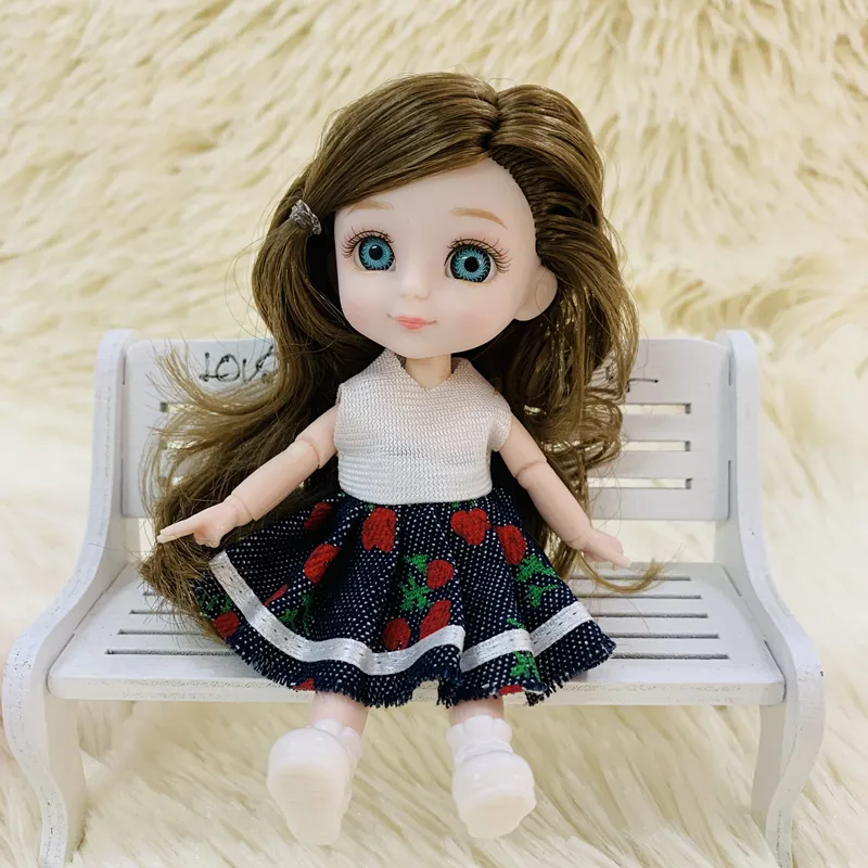 BJD 13cm Doll 13 Joints Movable Face fofo e olhos azuis com roupas Sapatos Mini Dolls Girl Girt For Girls DIY Toys 220815