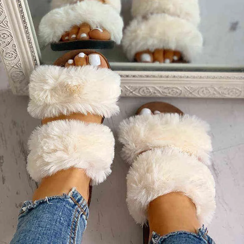 Huis harige vrouwen slippers trend pluche warme dames winterschoenen glijden op flats solide home sandalen vrouwen faux bont dia's platform G220730